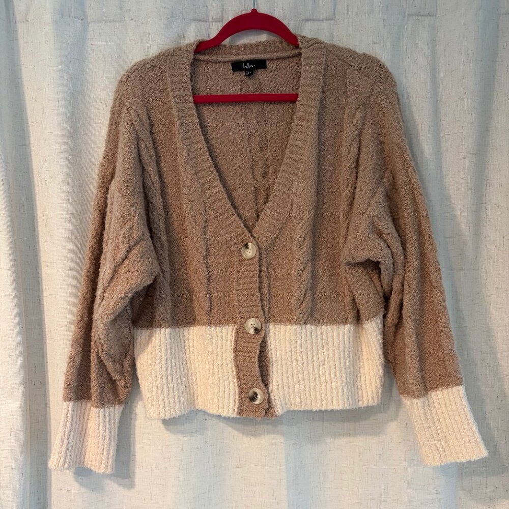 Lulus Convincingly Cozy Beige And Ivory Cable Knit Boucle Cardigan - Size S